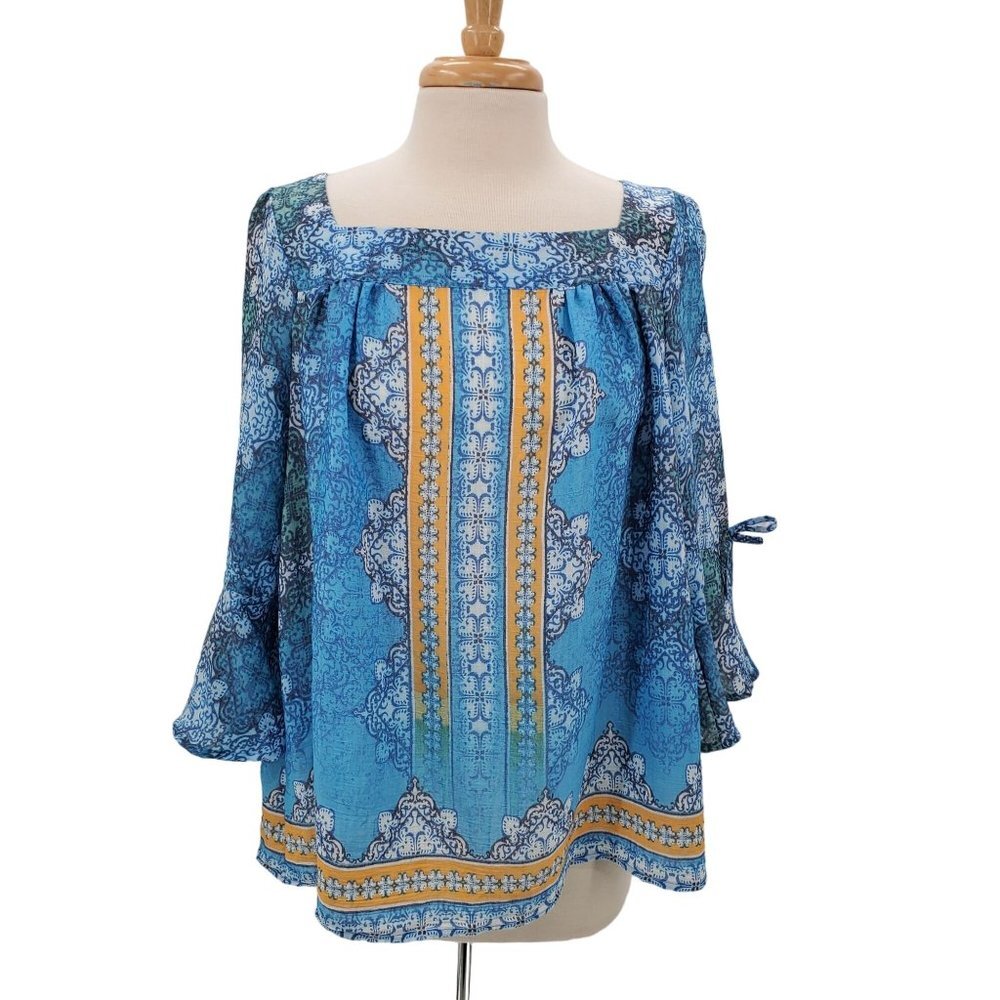 Zac & Rachel Womens 3/4 Bell Sleeve Geometric Print‎ Tunic Top Sz L Blue Yellow